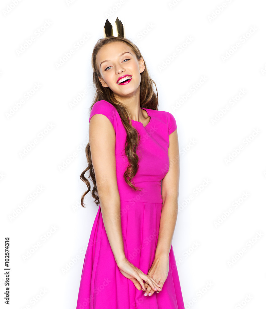 happy young woman or teen girl in pink dress happy young woman or teen girl in pink dress