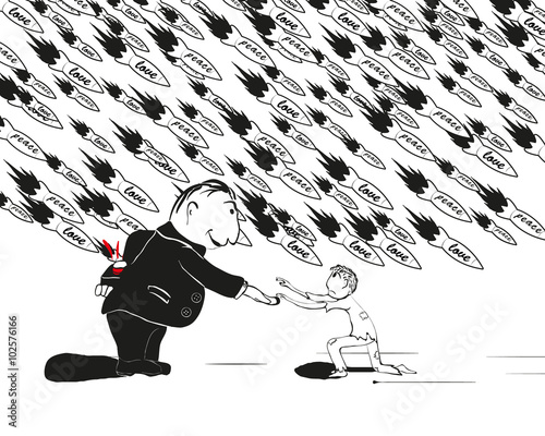 Hypocrisy/rich man reaches out to the poor child , at the same time clicking the button of rocket launch