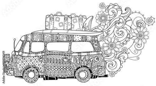 Hand drawn doodle outline retro bus travel decorated with ornaments.Vector zentangle illustration.Floral ornament.Sketch for tattoo or coloring pages.Boho style.