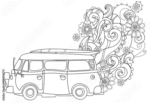 Hand drawn doodle outline retro bus travel decorated with ornaments.Vector zentangle illustration.Floral ornament.Sketch for tattoo or coloring pages.Boho style.