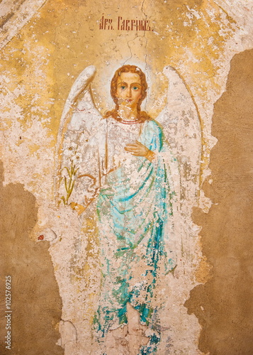 Ancient fresco of Archangel Gabriel at the gate of the Nikitsky Monastery in Pereslavl Zalessky