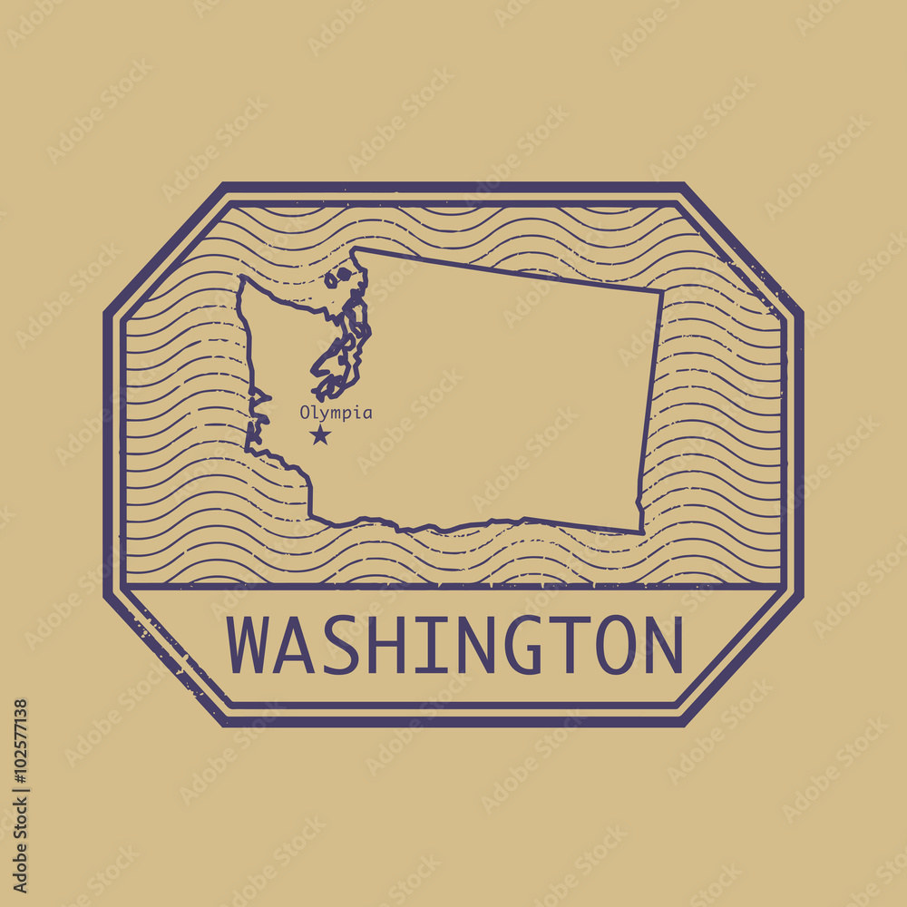 Stamp with the name and map of Washington, United States Stamp with the name and map of Washington, United States