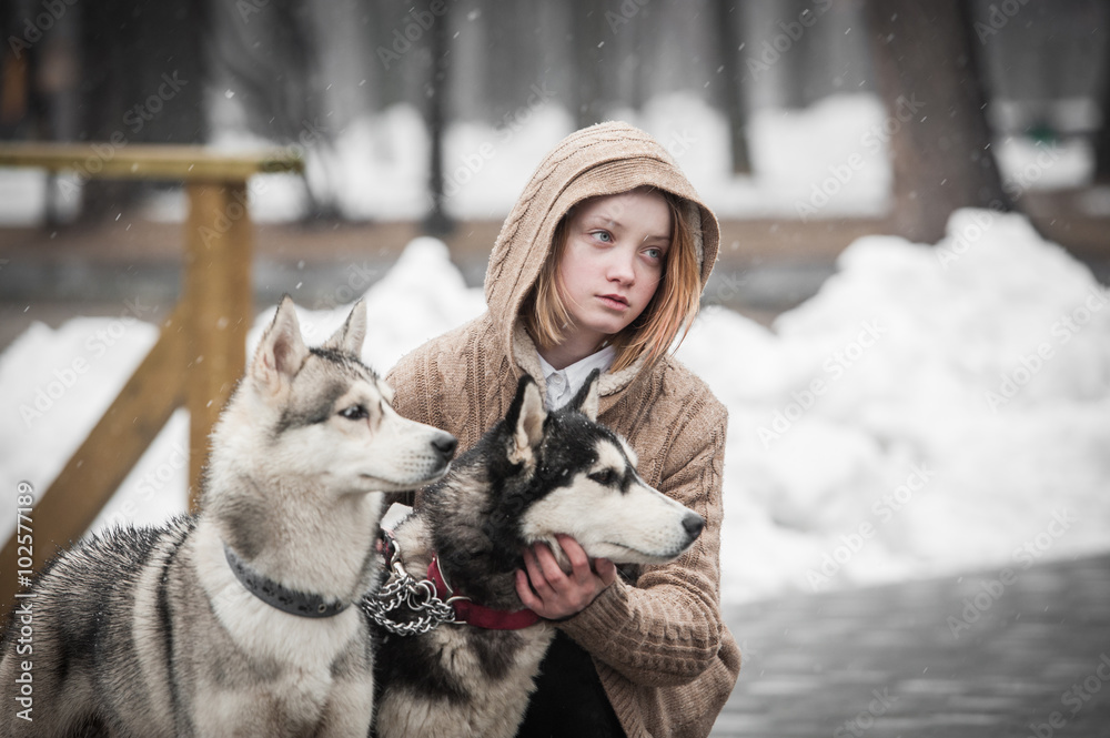 A teen girl with two husky dogs 