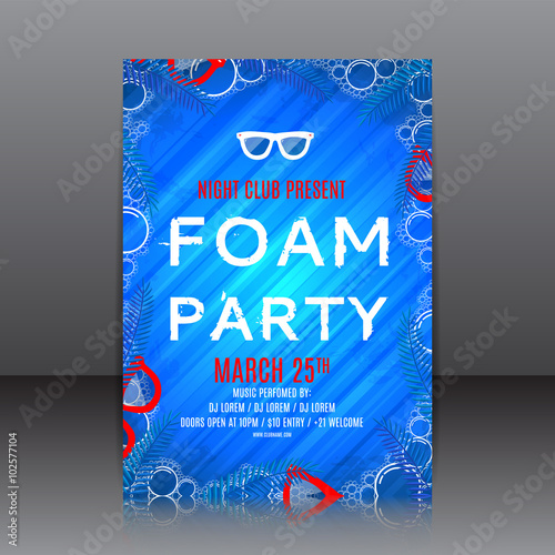 One big foam party flyer. Blue template of invitation on a foam party. Vector template for your business in A4 size.