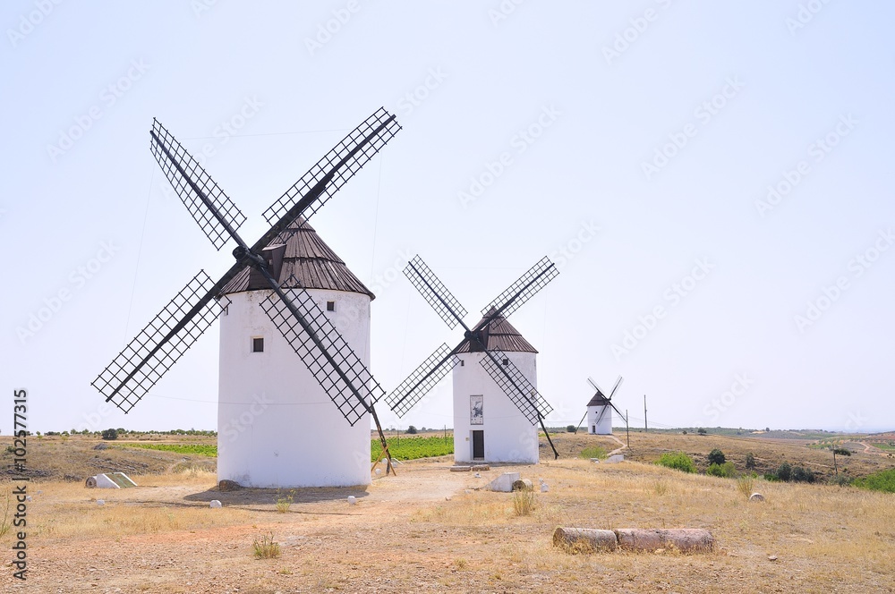 View on three windmills at field