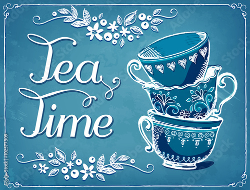 Invitation to the tea party. Retro illustration Tea Time with cute cups