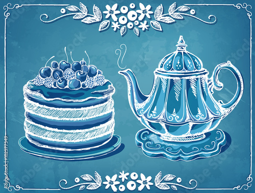 Retro illustration Tea Time with teapot and berry cake. Floral frame