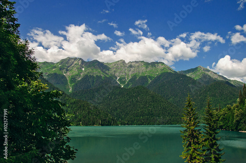 Lake Ritsa, the biggest high-mountainous lake in Abkhazia, Caucasus