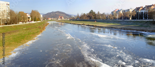 Landscape River Latorica in ice. The city Mukachevo,Ukraine, January 3, 2016. photo