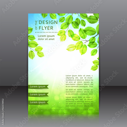 Vector design of the flyer with leaves and sun. Vector spring day background with sunshine.Poster template for your business in A4 size.
