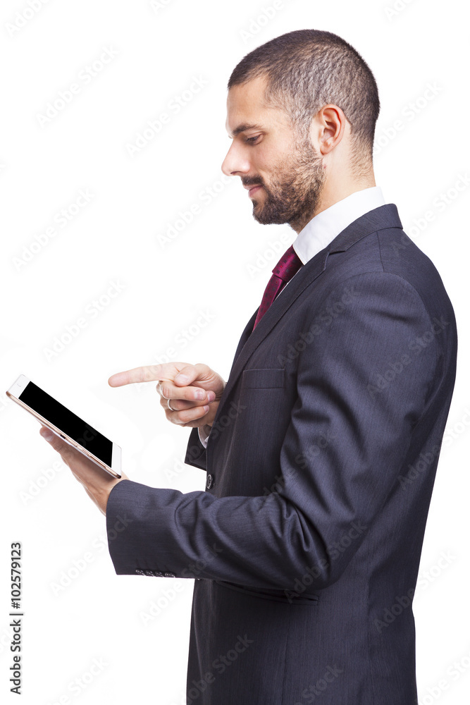 Smiling businessman with digital tablet on white background Smiling businessman with digital tablet on white background