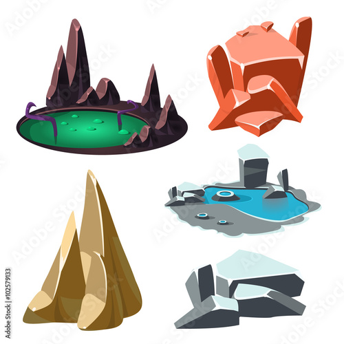 Island with a Lake and Rocks Set. Vector Illustration