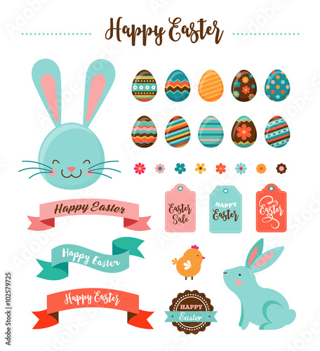 Colorful Happy Easter collection of icons with rabbit, bunny, eggs and banners