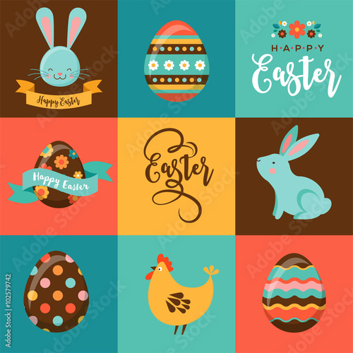 Colorful Happy Easter greeting card with rabbit, bunny, eggs and banners