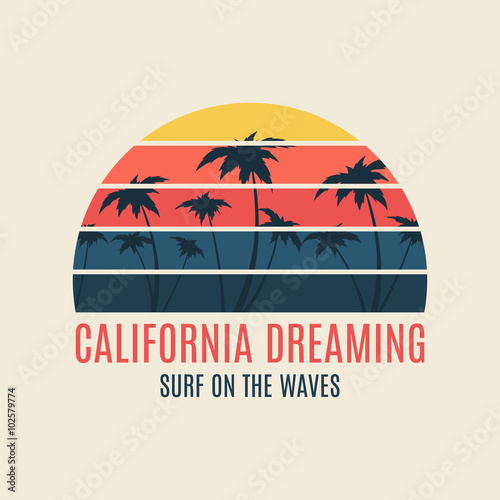 California surf illustration typography. Vector graphics of t-shirts.