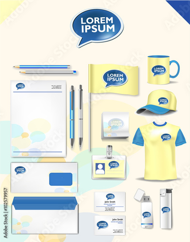 Abstract yellow and blue logo and corporate identity template realistic set of cups, business card, letterhead, envelope, drive, usb memory sticks and pen. Vector illustration