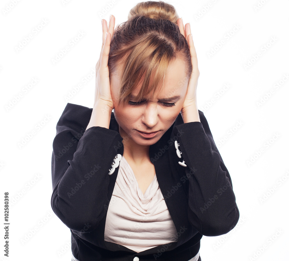 Businesswoman terrified hold hand on head Businesswoman terrified hold hand on head