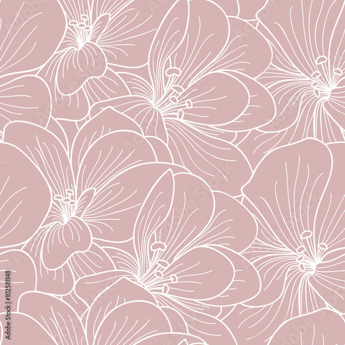 Pink and white geranium flowers line drawing seamless pattern