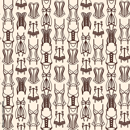 Brown lingerie line art seamless pattern on beige background
