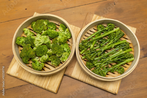 Steamed broccoli in a bamboo steamer, view from the top.
