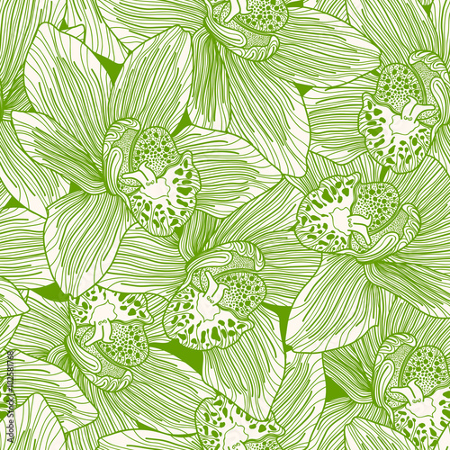 Green and white orchid drawing seamless pattern