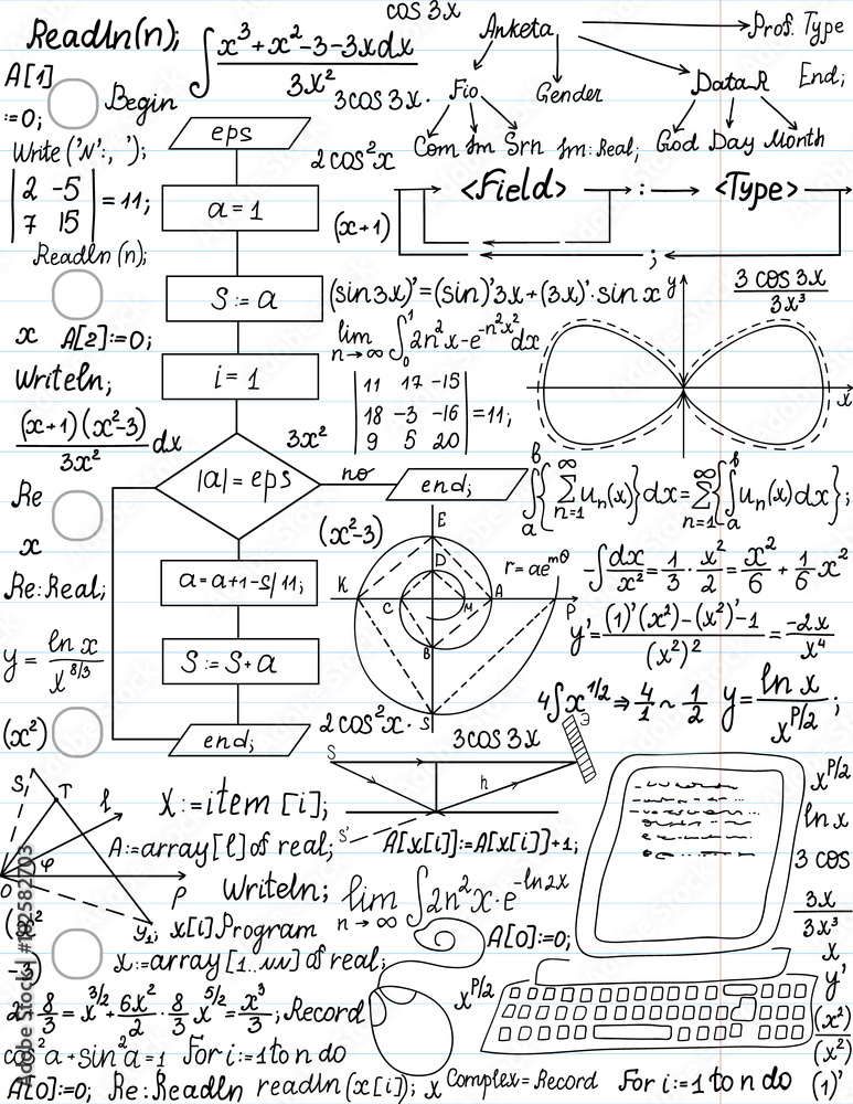 Vector seamless pattern with mathematical formulas and programming code, 