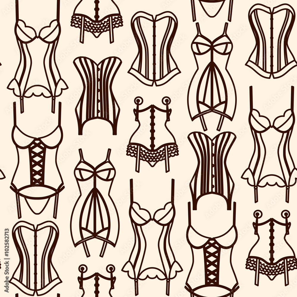 Brown lingerie line art seamless pattern on beige background Brown lingerie line art seamless pattern on beige background