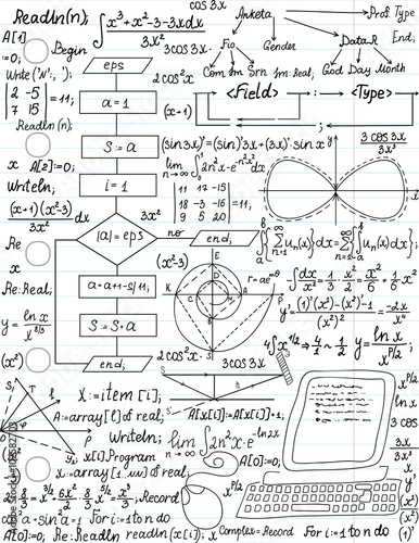Vector seamless pattern with mathematical formulas and programming code, "handwritten on the linear paper sheet"