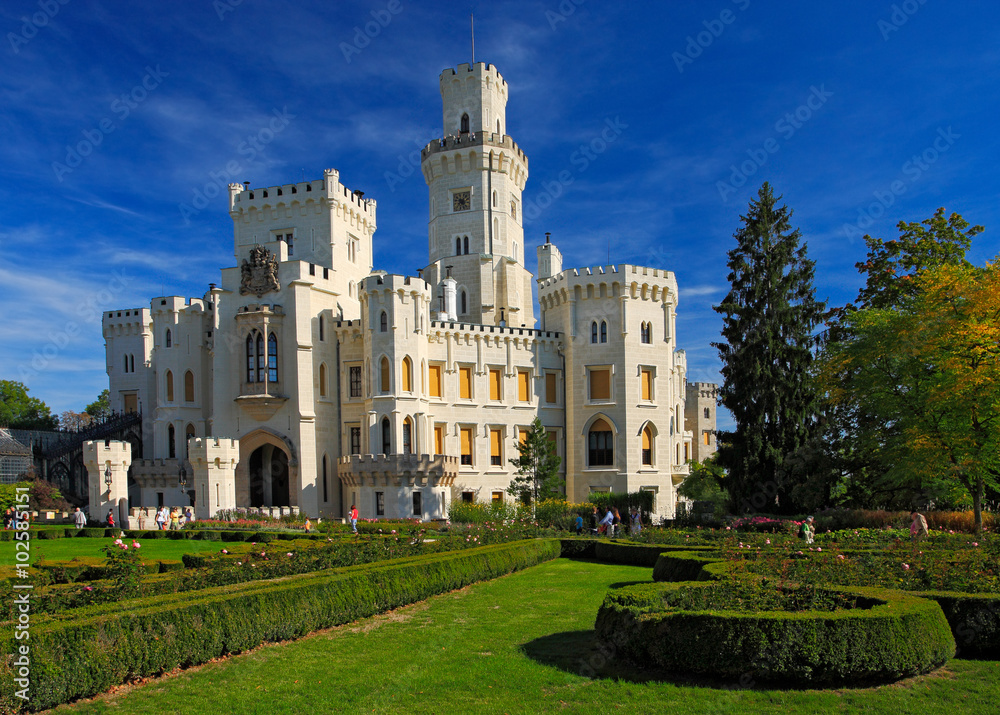 Beautiful renaissance castle Hluboka i the Czech Republic, with nice garden and blue sky