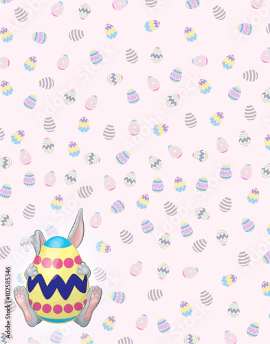 A vector illustration of a timid gray bunny behind a colorfully painted Easter egg on a Easter egg pattern background. There's a large area for text.