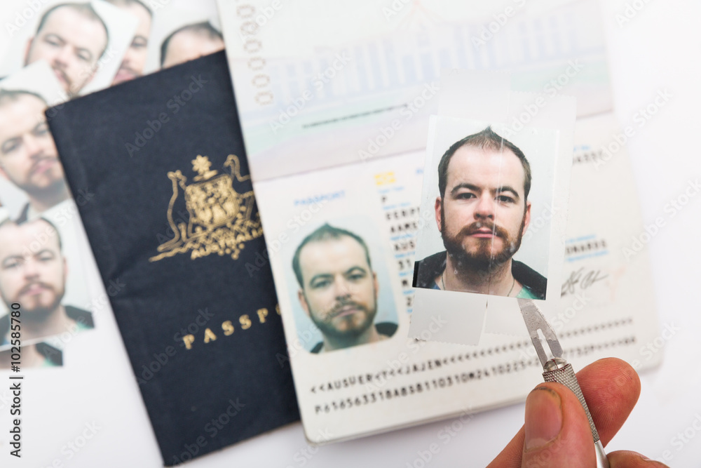 Identity theft through fake passport making Stock Photo