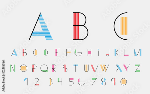 Black alphabetic fonts and numbers with color lines. Vector eps10 illustrator.