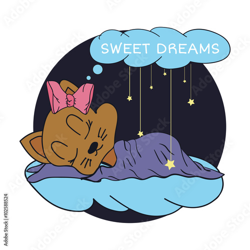 Cartoon illustration of hand drawing  the stars and sleeping baby sweet dreams in the starry sky. Vector illustration