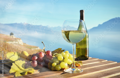 Fototapeta Naklejka Na Ścianę i Meble -  Wine and grapes against Geneva lake, Switzerland