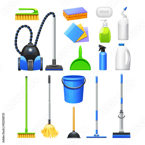 Cleaning Equipment Kit Flat Icons Set