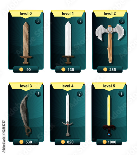 Interface game design resource includes game weapons from various metal materials and resource icon for mobile and online game. Playing cards with weapons.