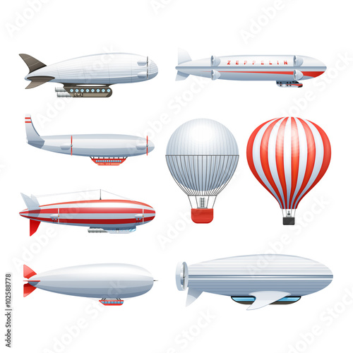 Dirigible Airship White Red Icons Set 