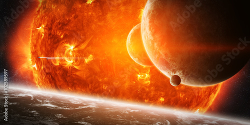 Fototapeta Naklejka Na Ścianę i Meble -  Exploding sun in space close to planet