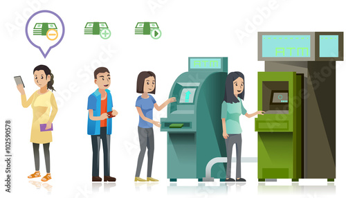 people are lining up to use ATM machine at supermarket. Women does have online financial transactions.Graphic design and vector EPS 10.