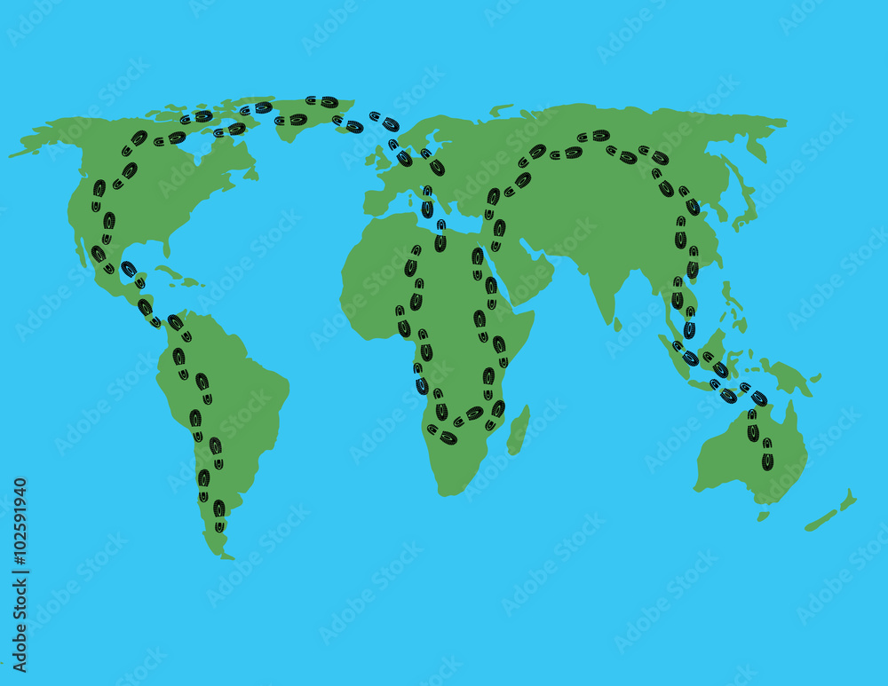 map - walk around the world / vector map with footprints around the world;  journey on foot across the world; walk around the world; Stock Vector |  Adobe Stock