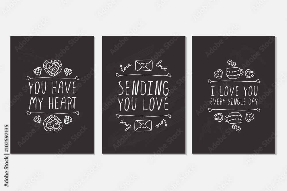 Set of Saint Valentines day hand drawn greeting cards.