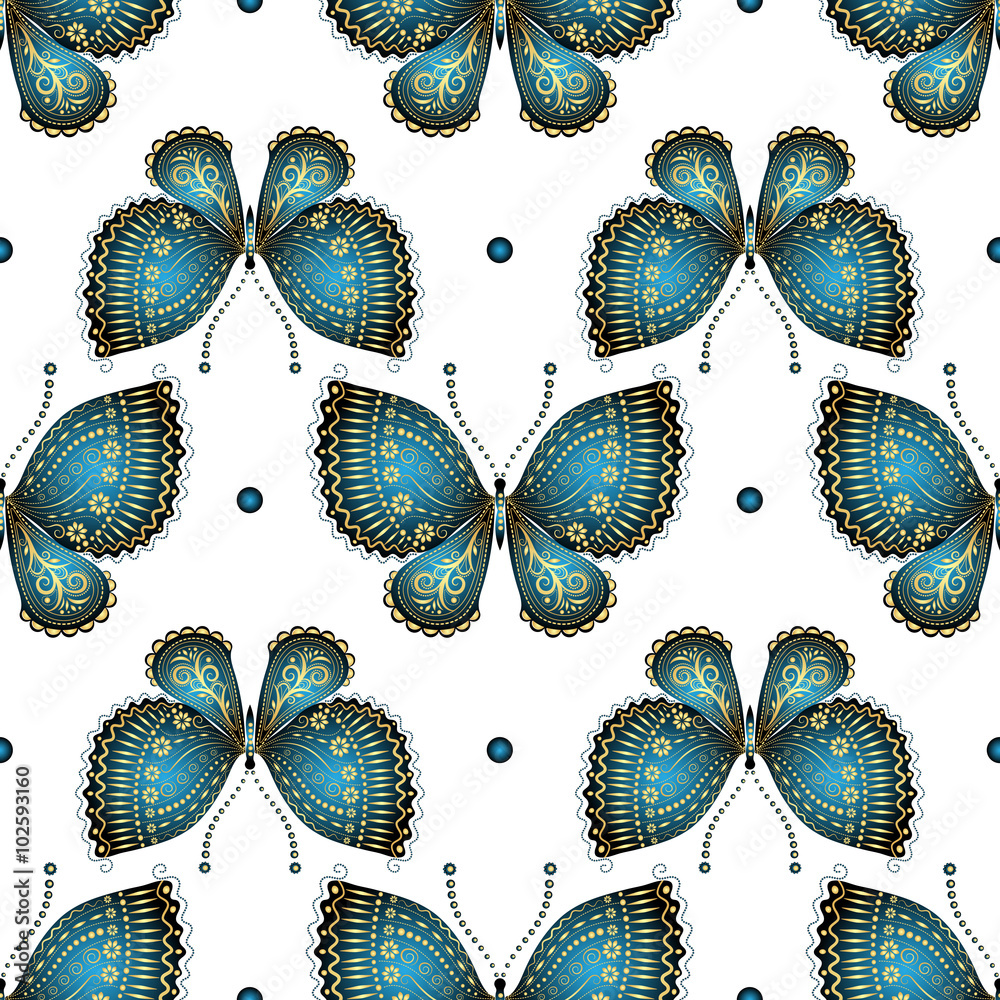 Seamless white pattern with vintage butterflies
