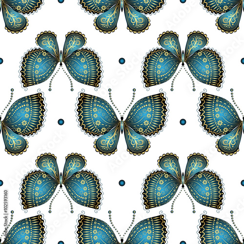 Seamless white pattern with vintage butterflies