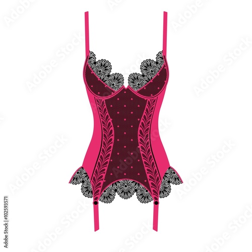 Black and pink lacy corset on white background
