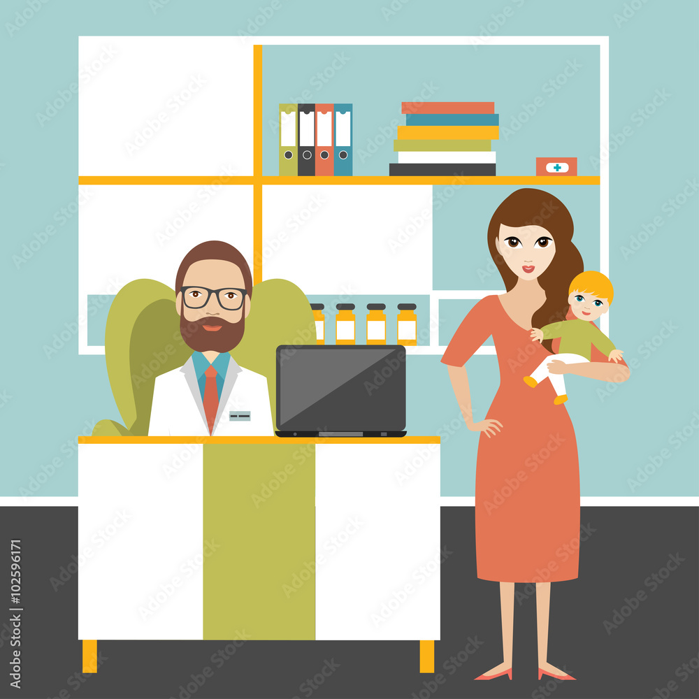 Doctor and little patient iwith mother in office surgery. Pediatric