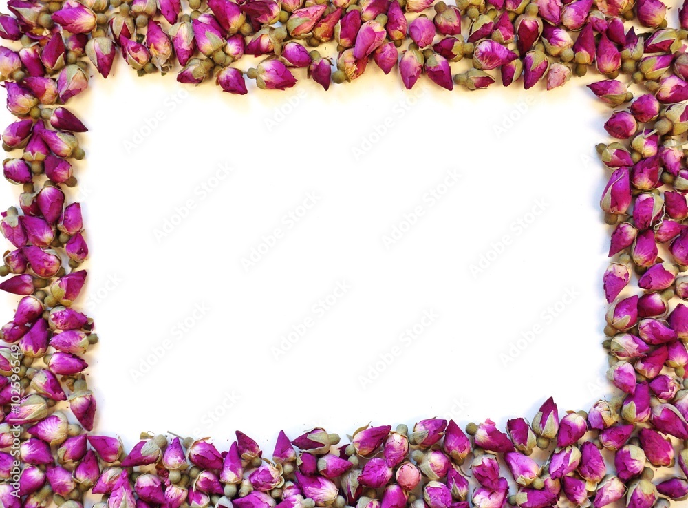 Border frame of romantic dried pink rose buds