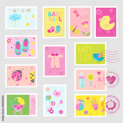 Baby Girl Stamps Design Elements - for design and scrapbook