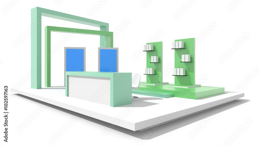 Exhibition booth, isolated on white. Copy space 3d illustration, original design.