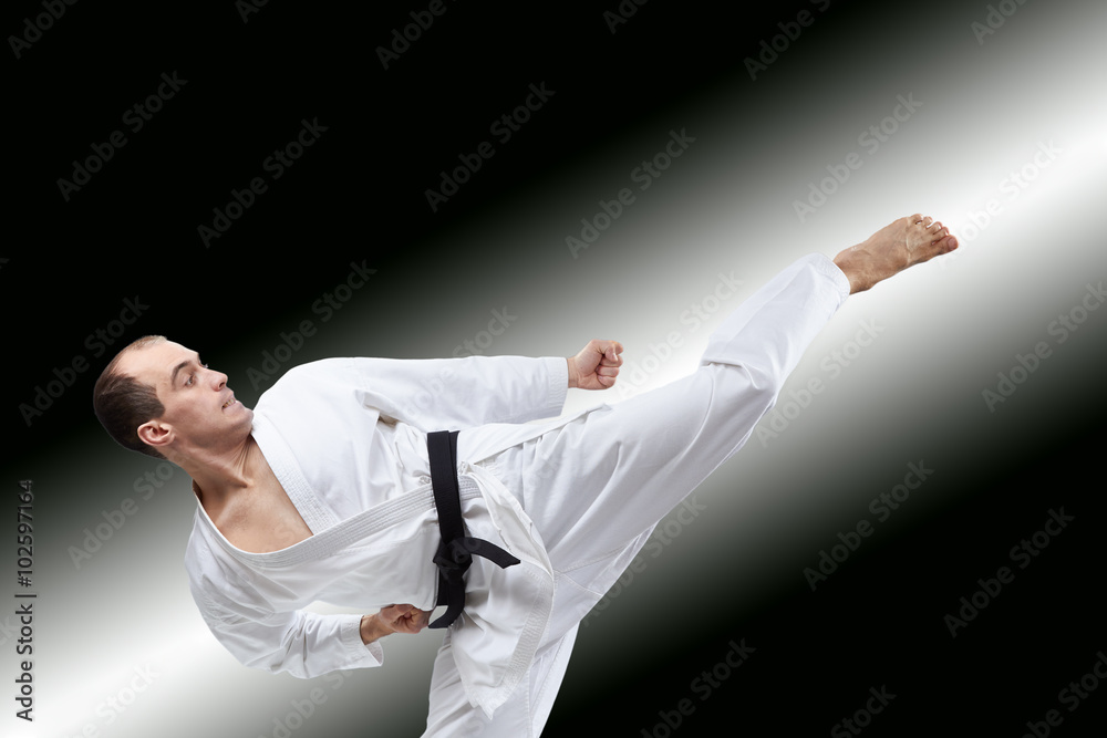 A man with a black belt strikes a high kick