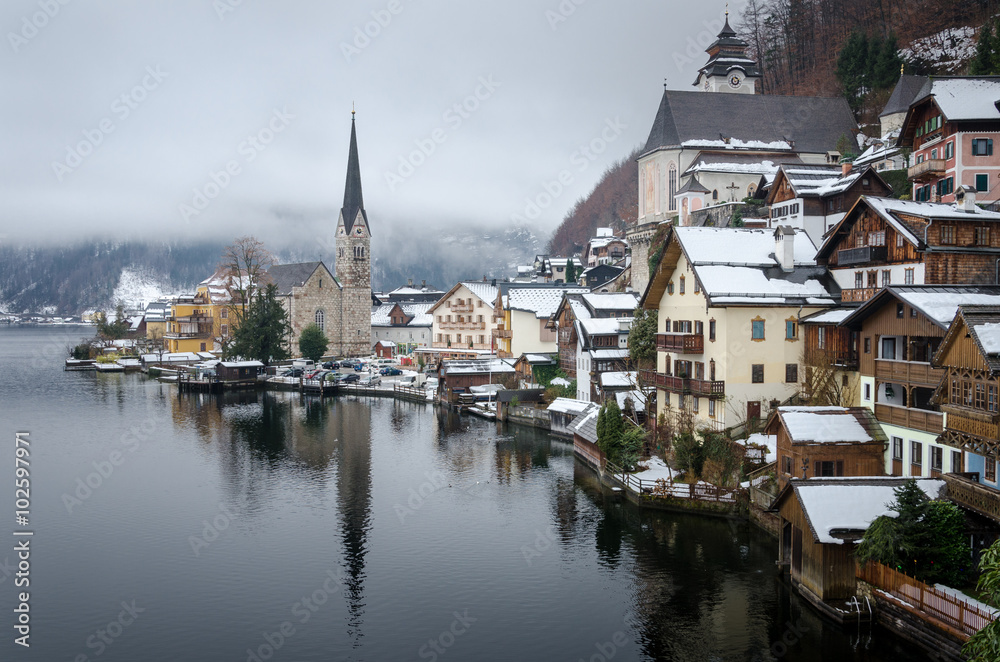 Church and Hallstatt city in winter season